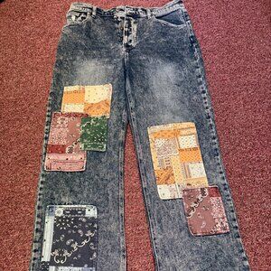 SO Super High Rise Dad Straight Patchwork Raw Hem Denim Blue Jeans Size 13/31W